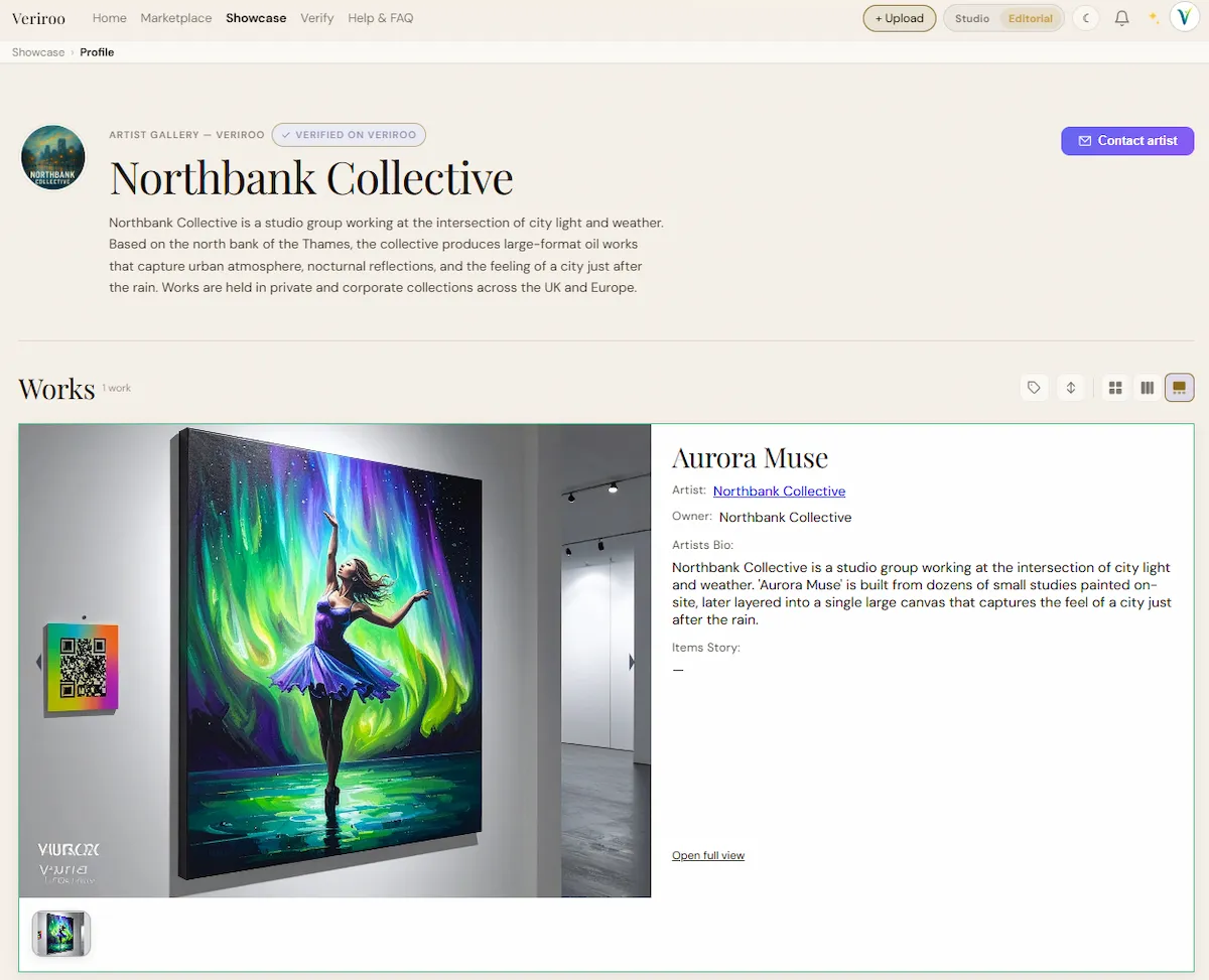 Northbank Collective artist gallery on Veriroo showing Verified on Veriroo badge, bio, and Aurora Muse artwork
