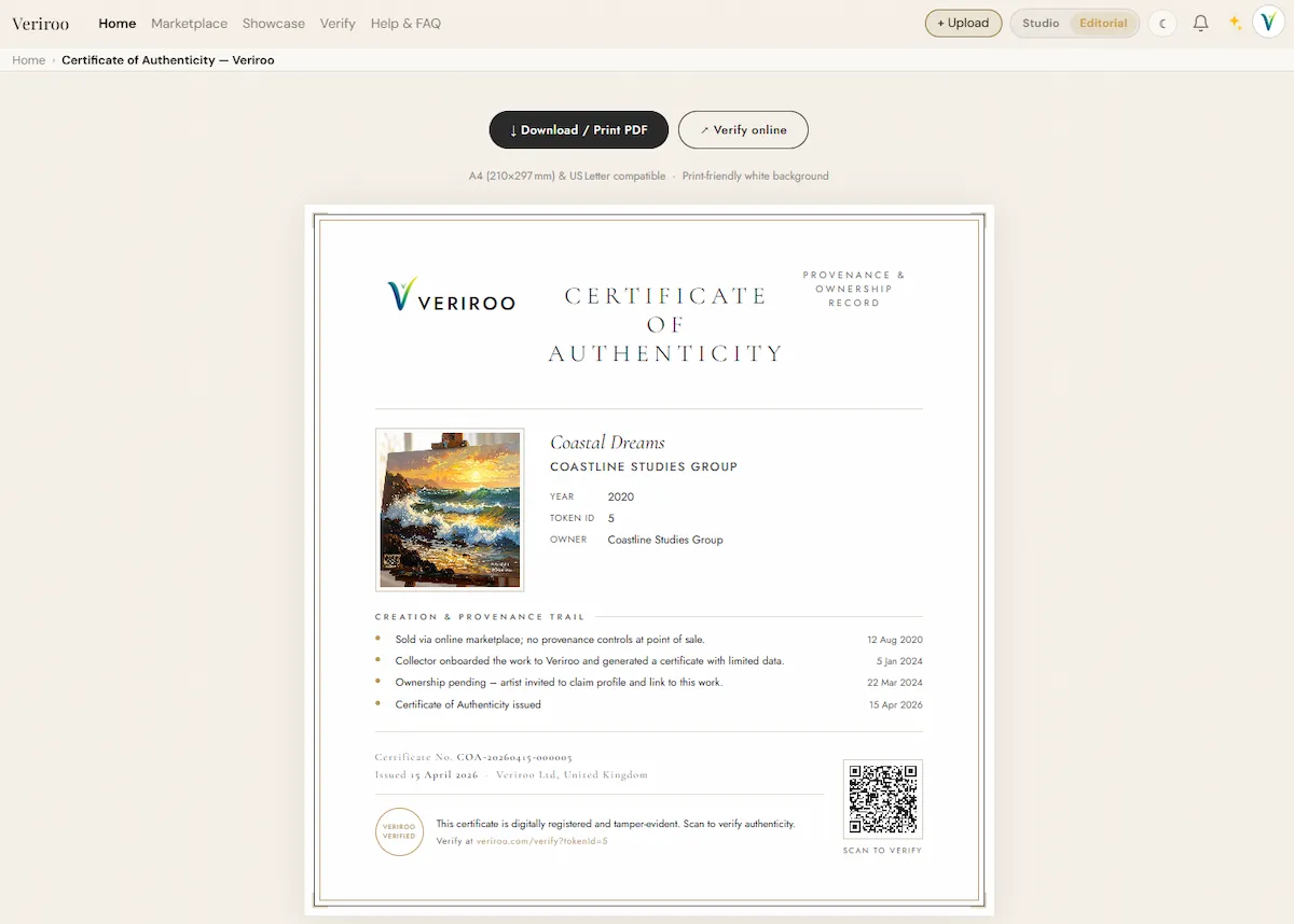 Veriroo Certificate of Authenticity for Coastal Dreams showing provenance trail, QR code, and Veriroo Verified seal