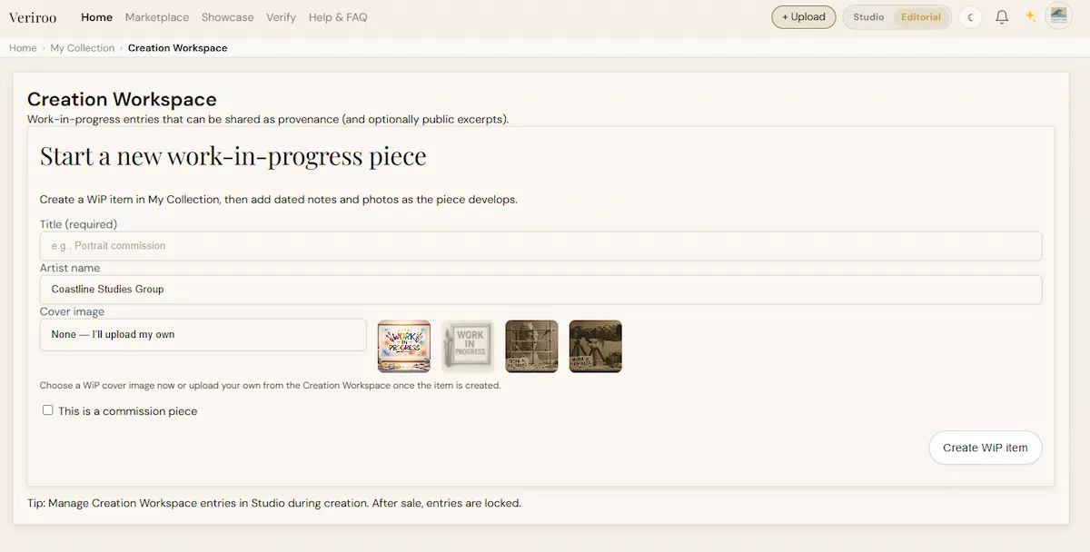 Veriroo Creation Workspace showing work-in-progress entry form with title, artist name, and cover image options