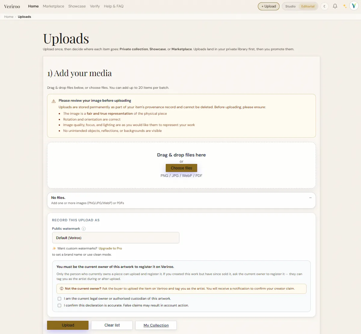 Veriroo upload page showing drag and drop media area and ownership declaration checkboxes
