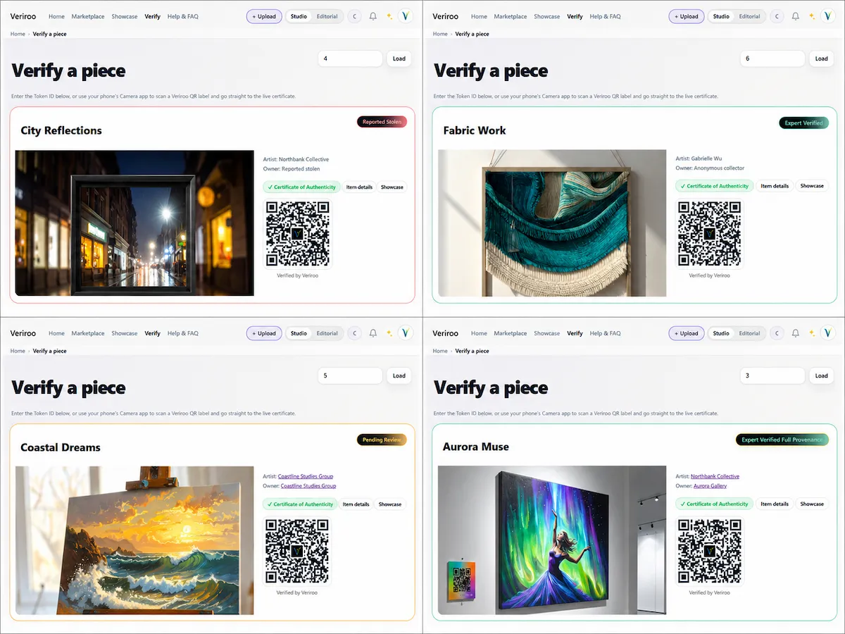 Four Veriroo verify pages showing different trust tier badges: Reported Stolen, Expert Verified, Pending Review, and Expert Verified Full Provenance
