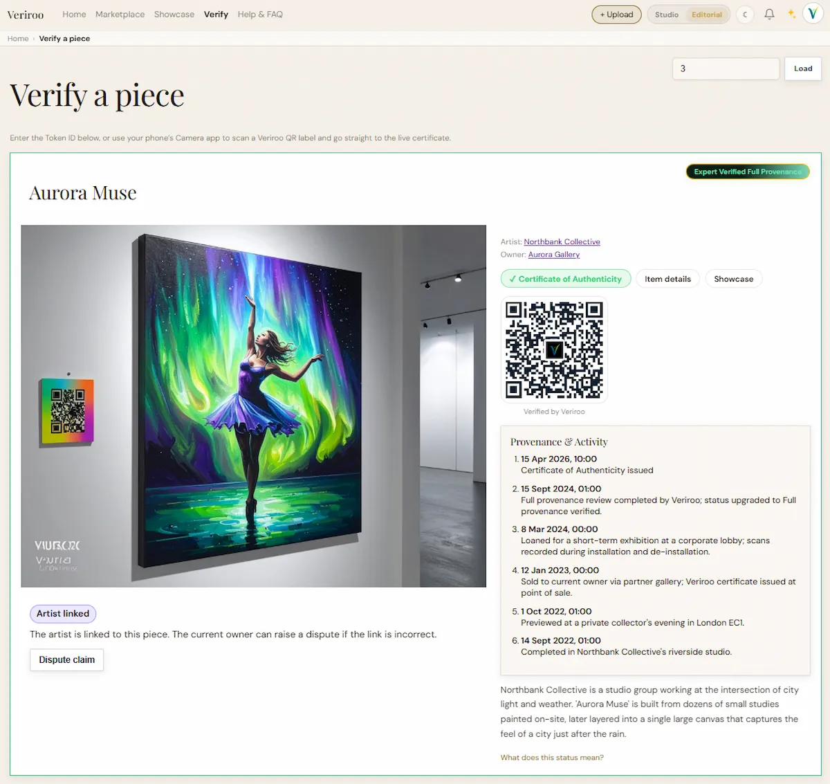 Aurora Muse on the Veriroo verify page showing Expert Verified Full Provenance badge, QR code, and six provenance events from 2022 to 2026