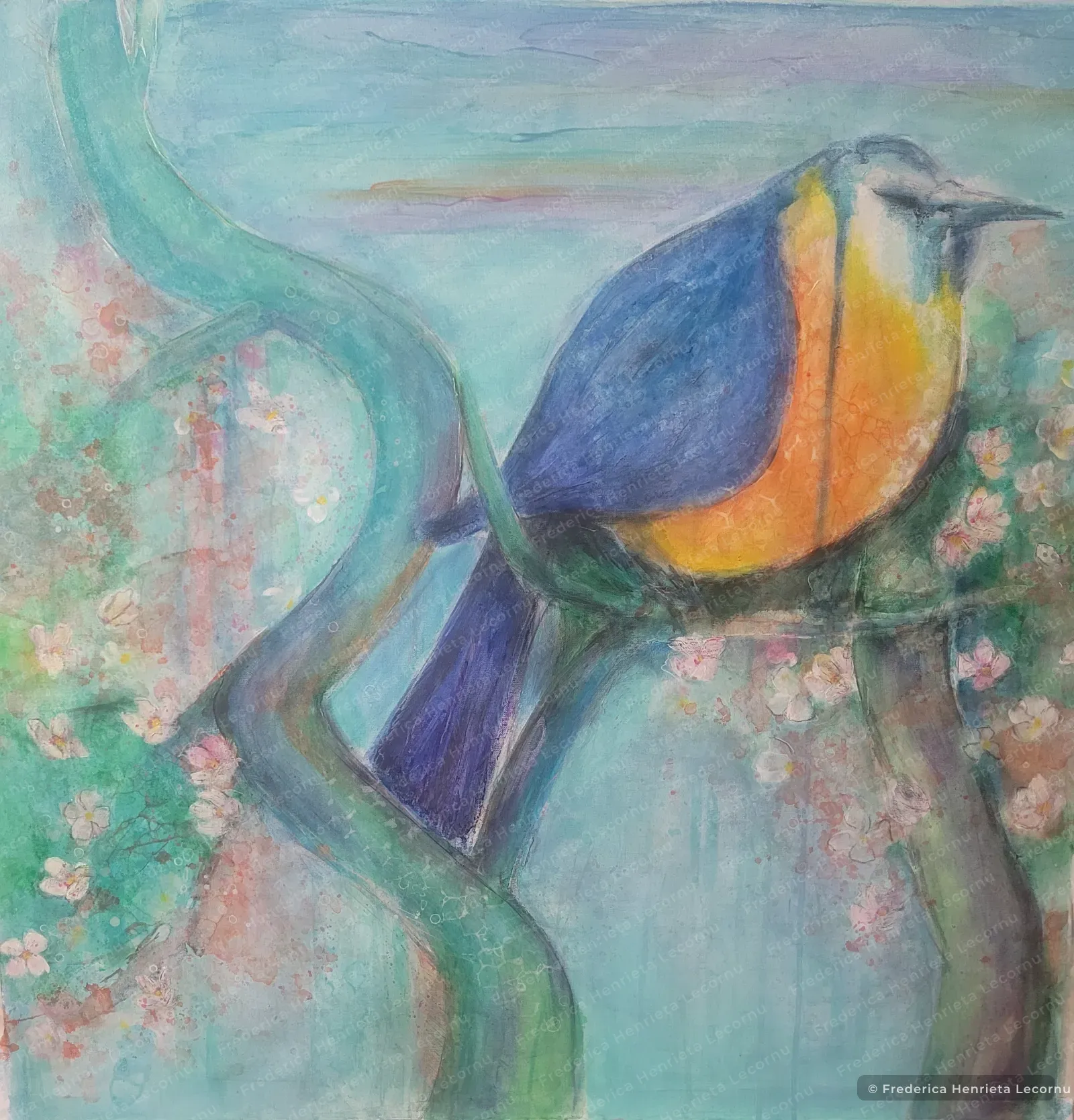 Blue Bird on Bonsai by Frederica Henrieta Lecornu, Acrylic on canvas
